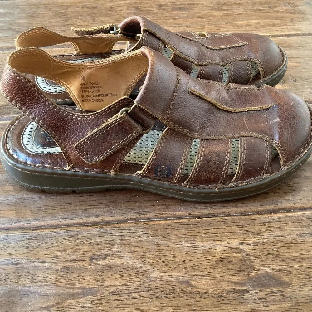 Born Whigham Men’s Sandal 10M Fisherman Style Brown Leather Hook & Loop
